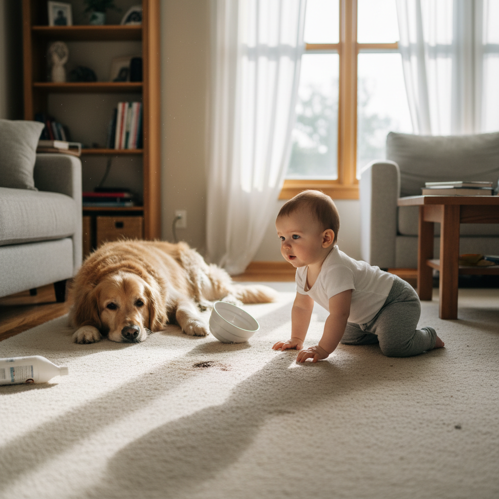 Close-up of a carpet with discolored pet stains and an empty spray bottle, symbolizing cleaning and odor removal.