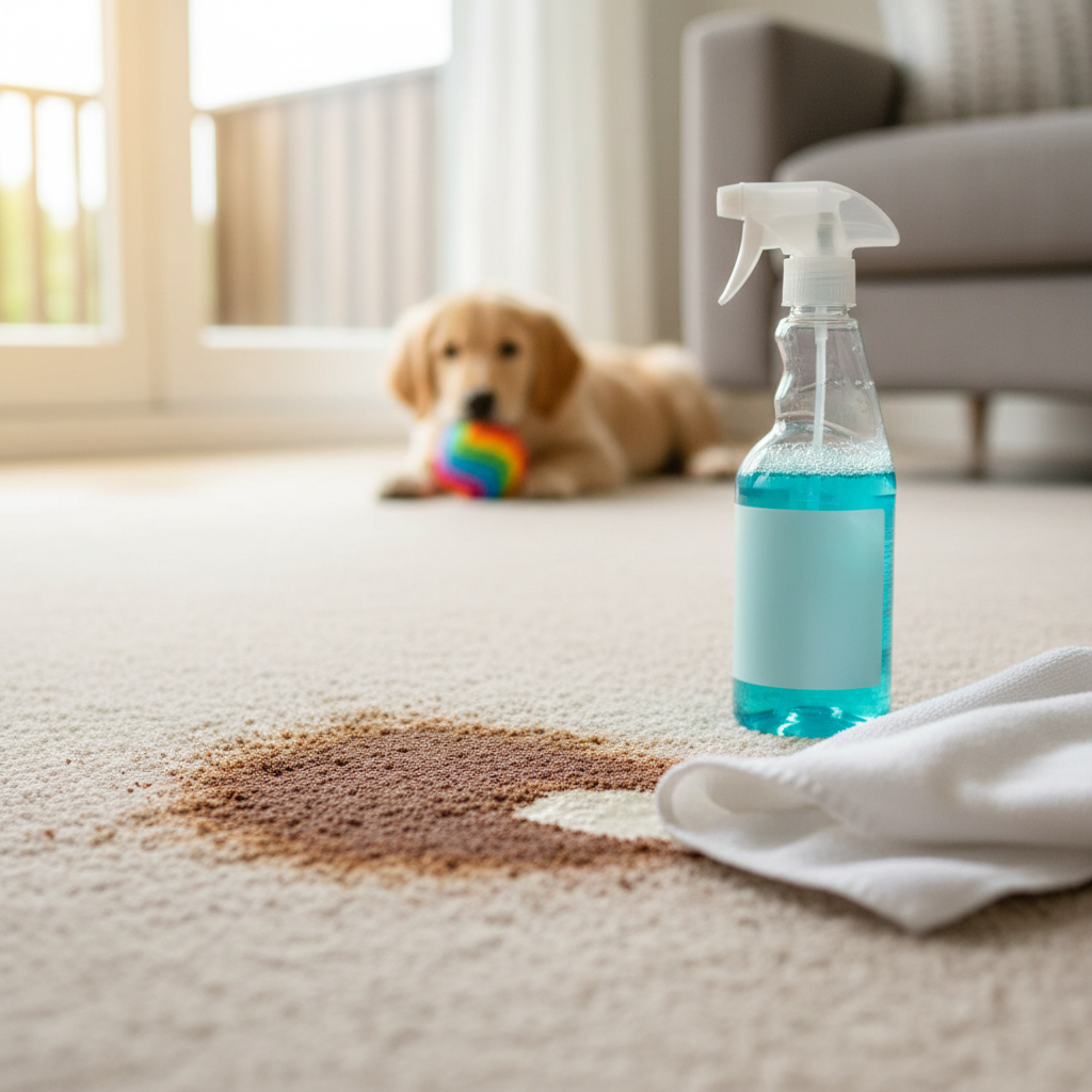 A close-up of a spray bottle of Unchained Spot Cleaner with a yellow label, ready to tackle tough stains.